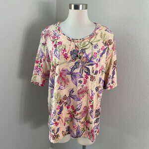 Chicos Womens XL Tropical Floral Elbow Sleeve Tee Crew Neck Shirt
